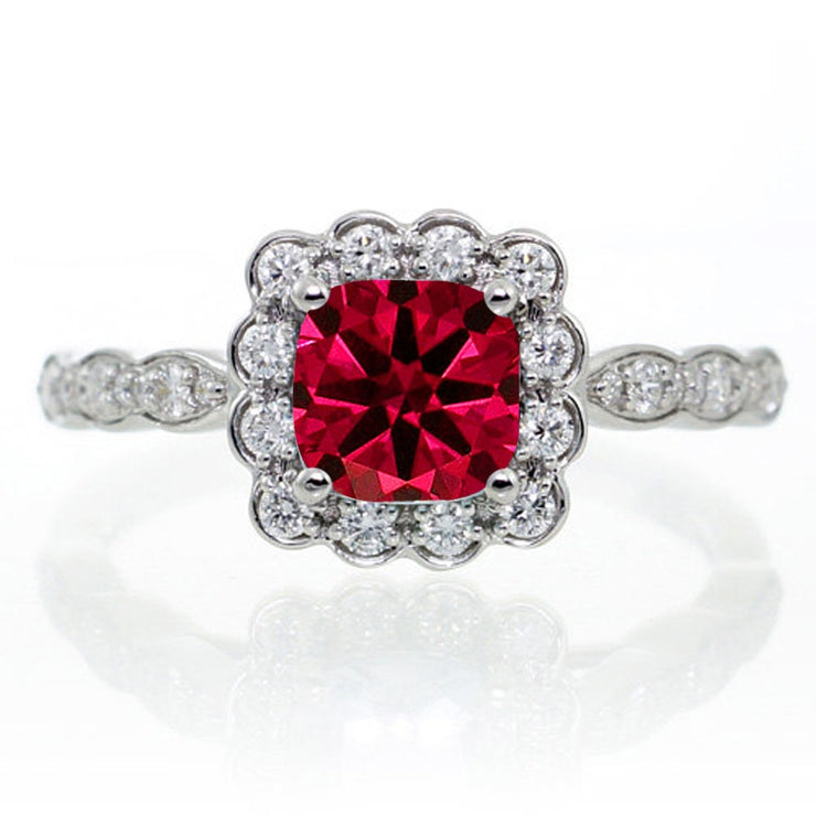 2 Carat Ruby and Moissanite Diamond Halo Bridal Ring Set on 10k Rose Gold
