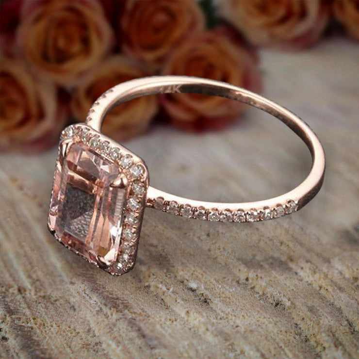 Unique Emerald Cut 1.50 Carat Peach Pink Morganite and Diamond Engagement Ring in 10k Rose Gold