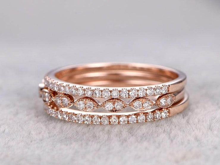 1.50 Carat 3 wedding Ring set Wedding Band Stackable Ring set 10k Rose Gold