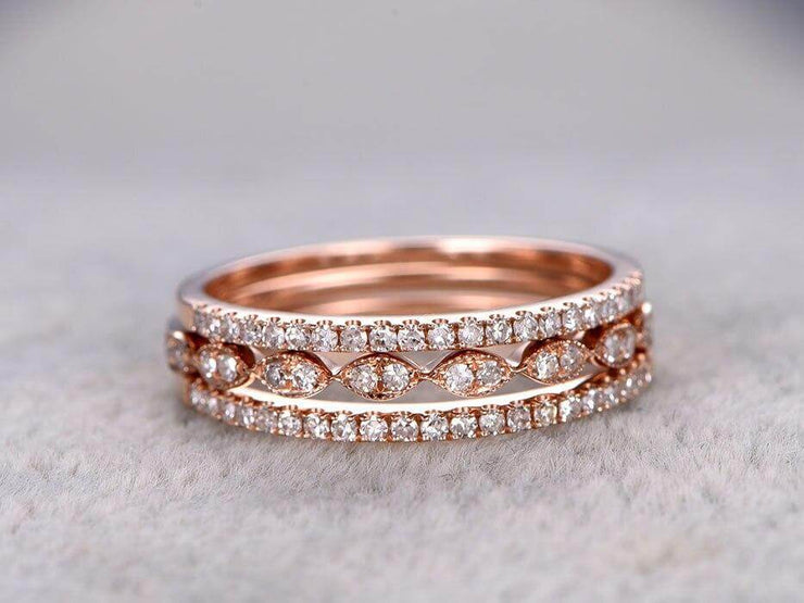 1.50 Carat 3 wedding Ring set Wedding Band Stackable Ring set 10k Rose Gold