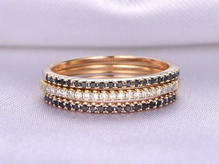 1.00 Carat 3 Wedding rings set Black and White diamonds wedding ring Solid 10k Rose gold