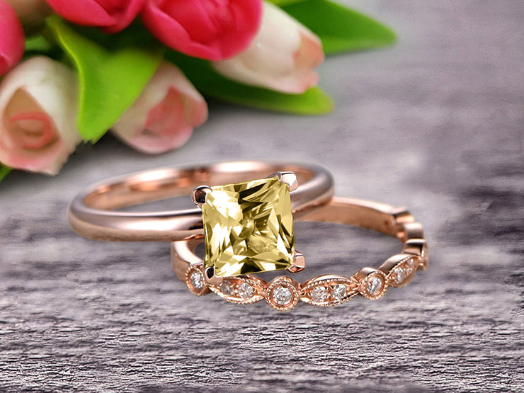 Bridal Set 1.25 Carat Princess Cut Champagne Diamond Moissanite Solitaire Engagement Ring With Matching Wedding Band On 10k Rose Gold Art Deco Shining Startling Ring