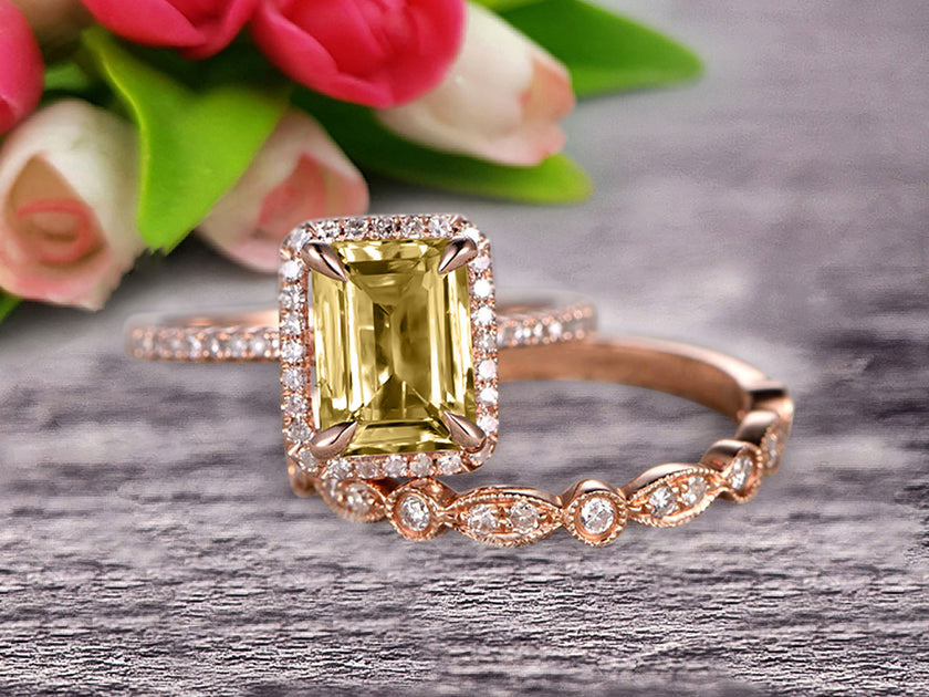 Emerald Cut Yellow Moissanite Engagement Ring Set, Moissanite Art Deco deals Wedding Ring Set, Rose Gold Bridal Set, Moissanite Ring Set For Women