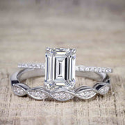1.50 Carat Moissanite & Diamond Trio Bridal Ring Set in Emerald cut and 10k White Gold
