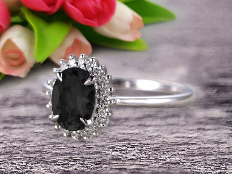 1.25 Carat Oval Cut Black Diamond Moissanite Engagement Ring With 10k White Gold Halo Flower Prong Set