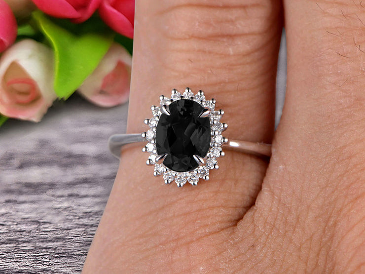 1.25 Carat Oval Cut Black Diamond Moissanite Engagement Ring With 10k White Gold Halo Flower Prong Set