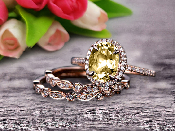 Milgrain Art Deco 2 Carat Champagne Diamond Moissanite Engagement Ring 10k Rose Gold Oval Cut Gemstone Promise Ring Trio Set Glaring Staggering Ring