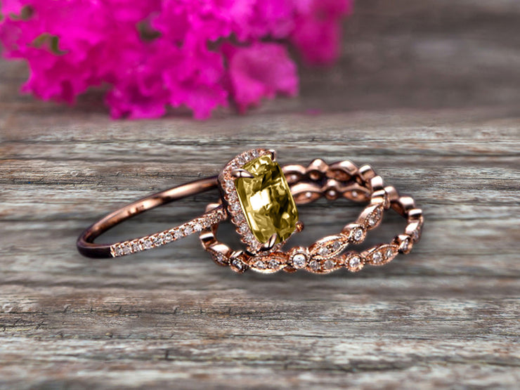 3Pcs Champagne Diamond Moissanite 2 Carat Trio Ring Set Engagement Ring On Solid 10k Rose Gold Full Eternity Ring Art Deco Milgrain Promise Ring