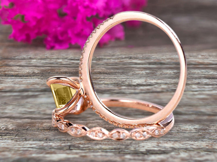 Emerald Cut 1.50 Carat Champagne Diamond Moissanite Engagement Ring On 10k Rose Gold Wedding Set Bridal Set Art Deco Gift For Her