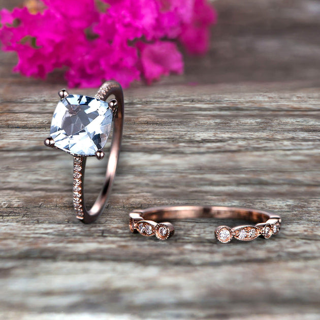 Aquamarine Engagement Ring Vintage Rose Gold Aquamarine Bridal orders Ring Set Art Deco Curved Matching Band Anniversary Gift For Her, SLJ