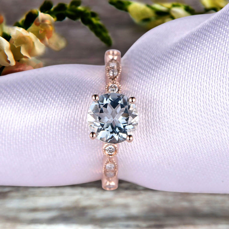 1.25 Carat Wedding Ring Aquamarine Engagement Ring Round Cut Art Deco 10k Rose Gold Anniversary Gift Personalized for Brides