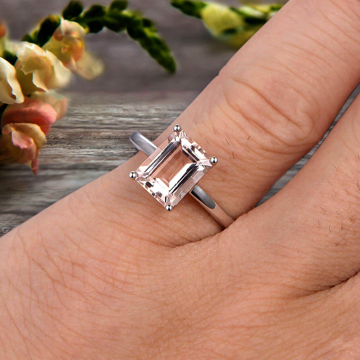 Emerald Cut 1 Carat Morganite Engagement Ring Wedding Ring Promise Ring 10k White Gold Solitaire Anniversary Ring Personalized for Brides
