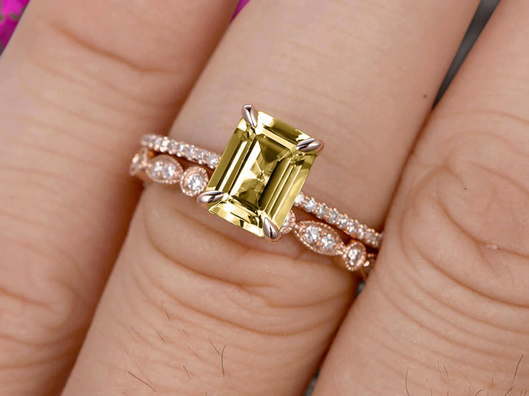 1.50 Carat Emerald Cut Art Deco Champagne Diamond Moissanite 10k Rose Gold Wedding Set Engagement Ring Anniversar Ring Surprisingly