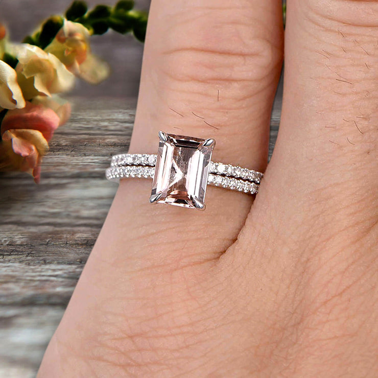 1.50 Carat Surprisingly Morganite Engagement Ring On 10k White Gold Bridal Set Emerald Cut Thin Pave Stacking Band Art Deco 