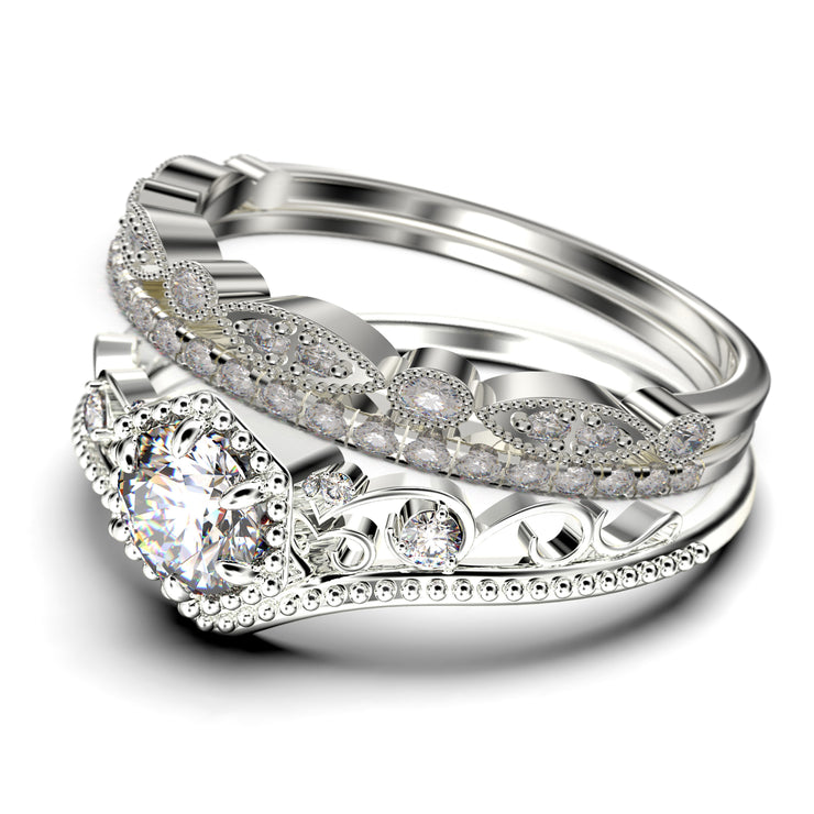 Antique Milgrain Art Deco
 2.50 Carat Round Cut Crown Diamond Moissanite Engagement Ring, Engraved Wedding Ring, Two Matching Band in 10k/14k/18k Solid Gold, Gift, Promise Ring