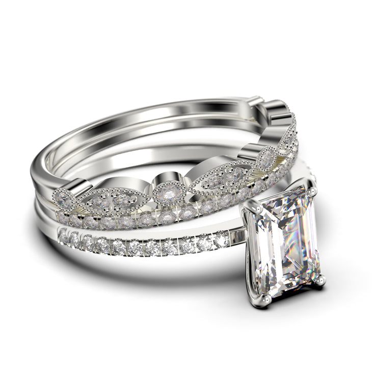 Art deco
 2.00 Carat Emerald Cut Diamond Moissanite Engagement Ring Set, Wedding Ring in 925 Sterling Silver With 18k White
 Gold Plating Feminine Gift, Promise Ring, Anniversary Gift
