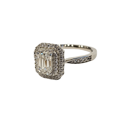Emerald-Cut Double Halo Sterling Silver Engagement Ring with GRA Certificate.