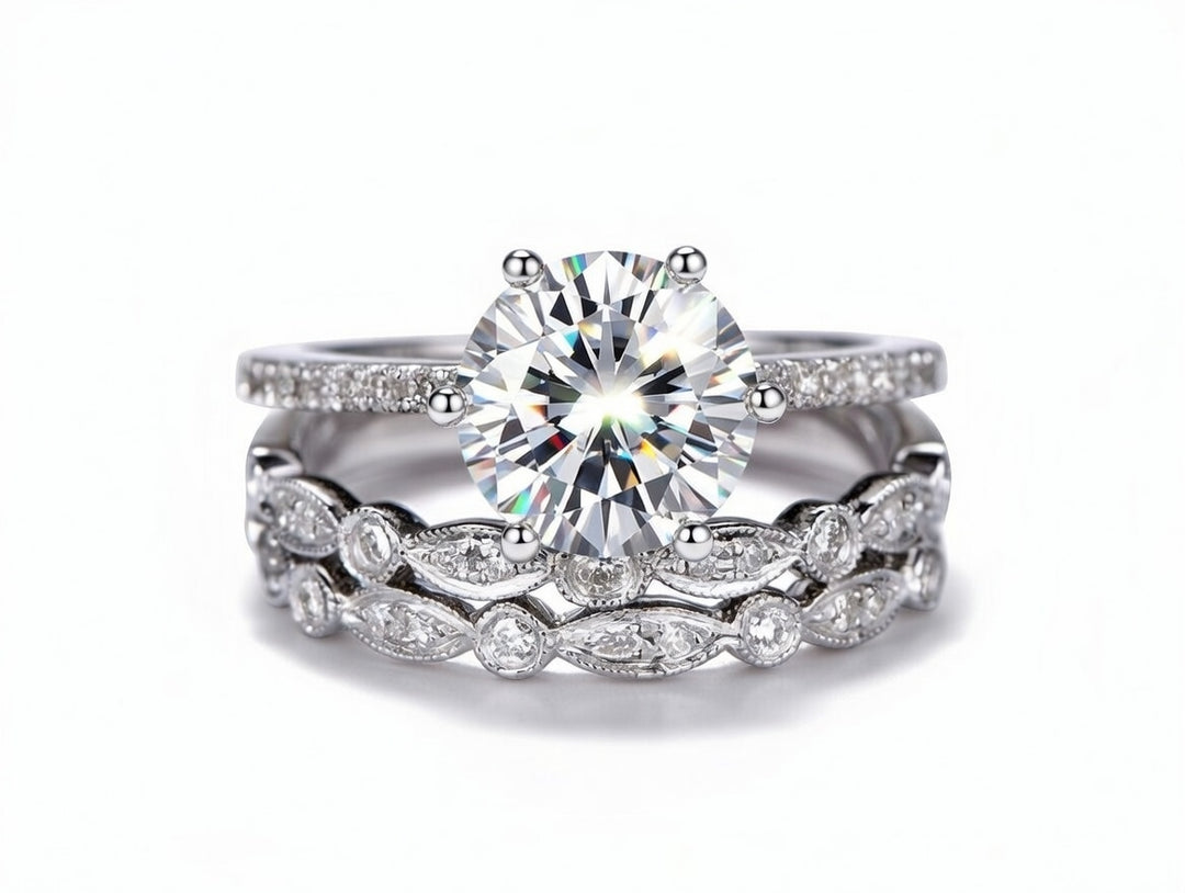 Bague De Fiançailles Art Déco En Moissanite – 2.20 Ct Ronde Blanche – Argent 925, Taille 7, Neuf Sans Emballage