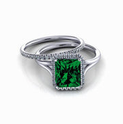 2.00 carat Emerald Cut Emerald and Moissanite Diamond Halo Bridal Set in 10k White Gold
