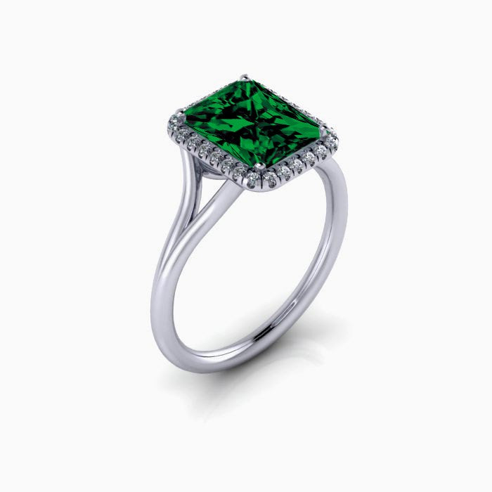 2.00 carat Emerald Cut Emerald and Moissanite Diamond Halo Bridal Set in 10k White Gold