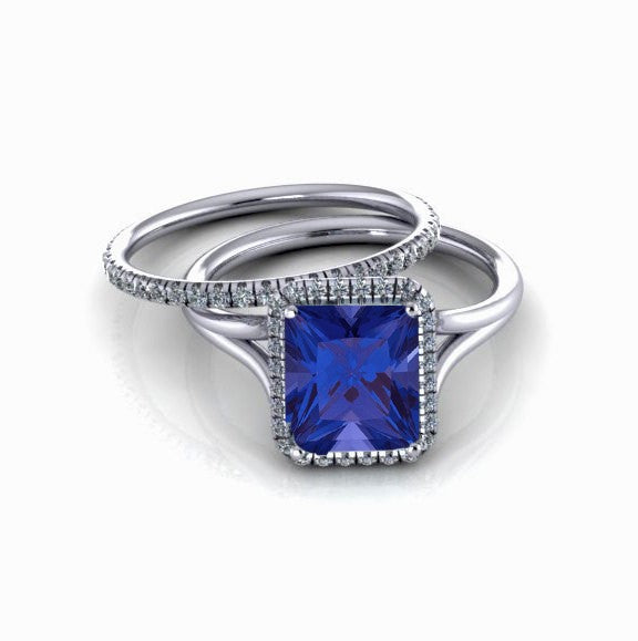 2.00 carat Emerald Cut Sapphire and Moissanite Diamond Halo Bridal Set in 10k White Gold