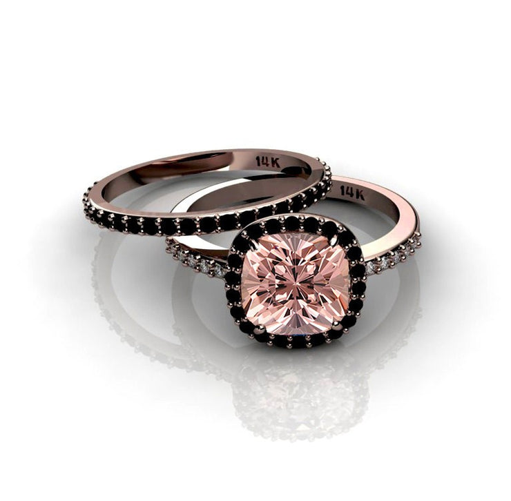 2.00 carat Morganite Ring with Black diamond Halo Bridal Set in 10k Rose Gold