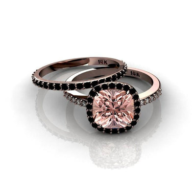 2.00 carat Morganite Ring with Black diamond Halo Bridal Set 