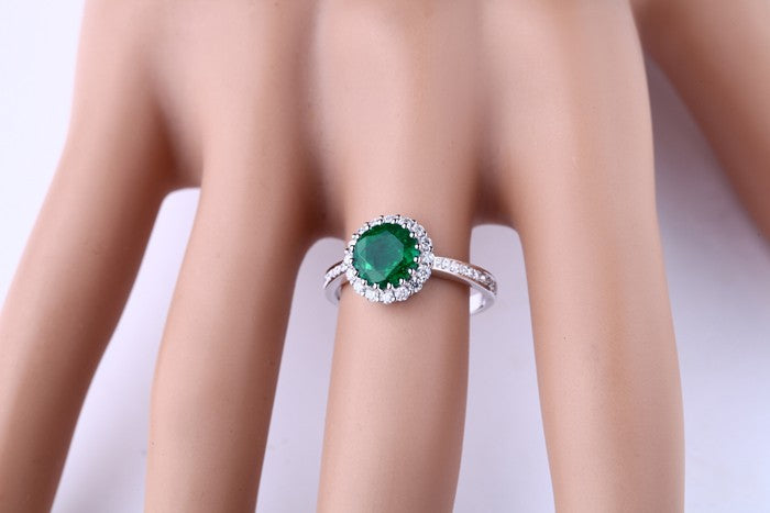1 Carat Emerald and Moissanite Diamond Halo Engagement Ring in Gold