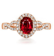 1 Carat Halo Ruby and Moissanite Diamond Engagement Ring in Rose Gold