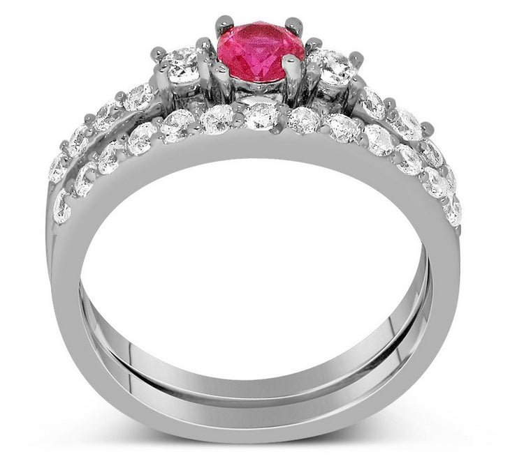 1 Carat Ruby and Moissanite Diamond Wedding Ring Set in White Gold