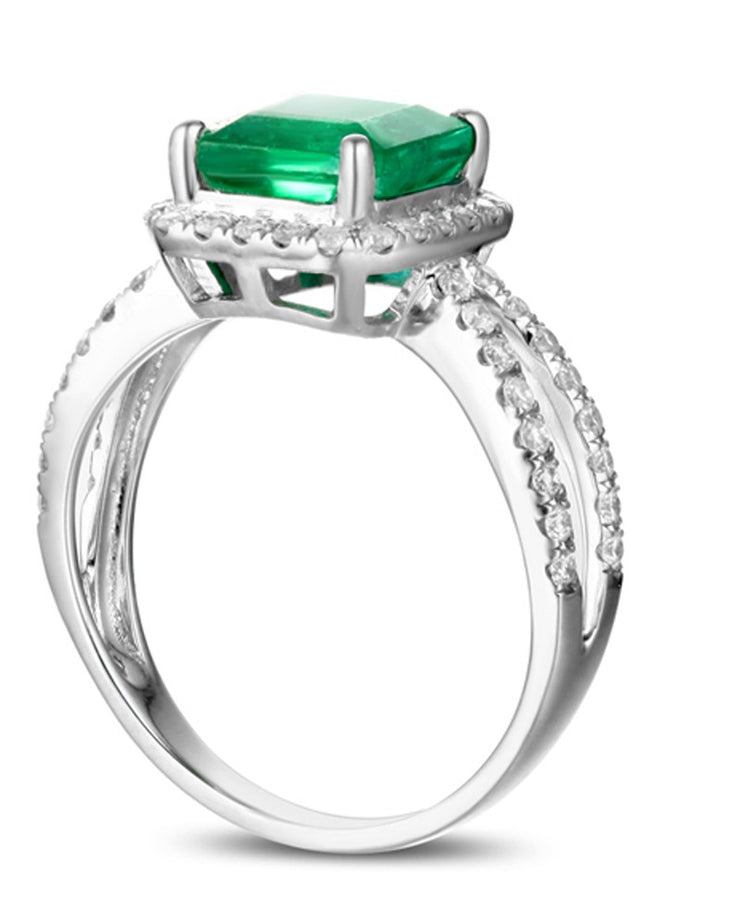1 Carat princess cut Emerald and Moissanite Diamond Halo Engagement Ring in White Gold