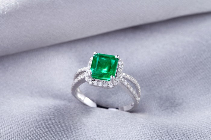 1 Carat princess cut Emerald and Moissanite Diamond Halo Engagement Ring in White Gold
