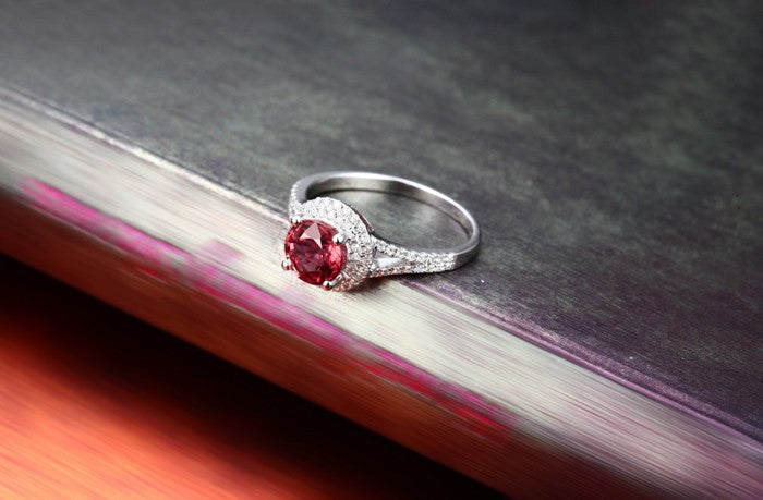 1 Carat Round cut Red Ruby and Moissanite Diamond Halo Engagement Ring in White Gold for Women