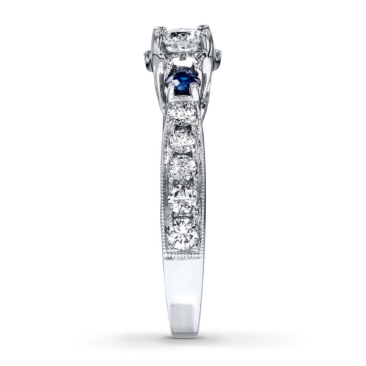 1 Carat Round Moissanite Diamond and Sapphire Halo Engagement Ring in White Gold