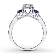 1 Carat Round Moissanite Diamond and Sapphire Halo Engagement Ring in White Gold