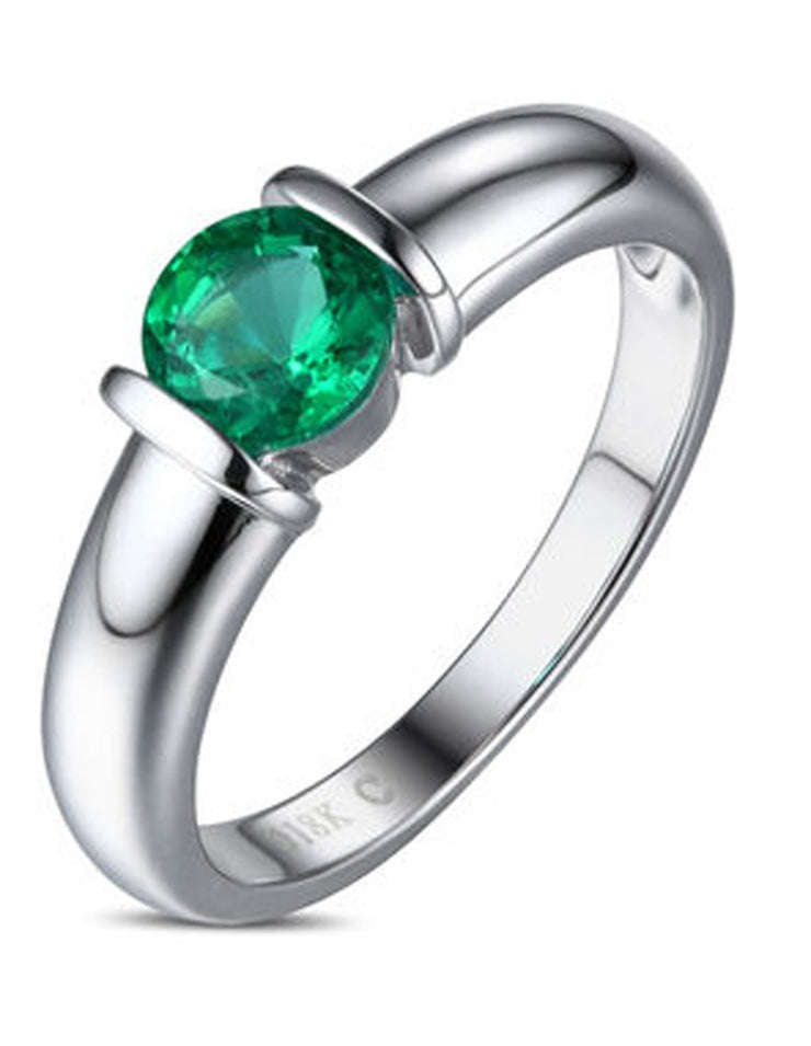 1 Carat Round Emerald Gemstone Solitaire Engagement Ring in White Gold