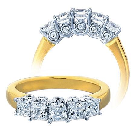 Moissanite Engagement Ring 2.00 Carat Five Stone Princess Moissanite Diamond and for Her in Sterling Silver with Yellow Gold Plating