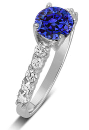 1 Carat Vintage Round cut Blue Sapphire and Moissanite Diamond Engagement Ring in Gold