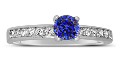 1 Carat Vintage Round cut Blue Sapphire and Moissanite Diamond Engagement Ring in White Gold