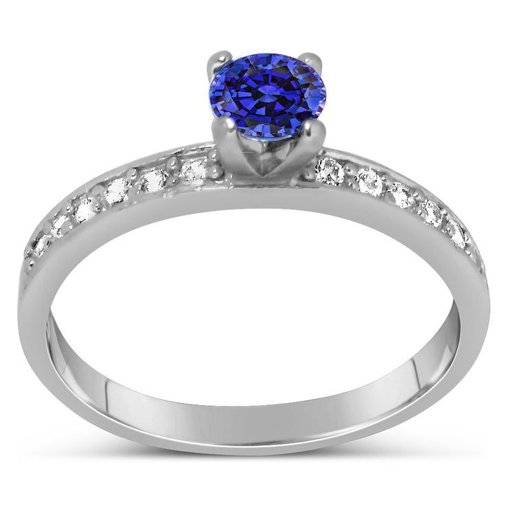 1 Carat Vintage Round cut Blue Sapphire and Moissanite Diamond Engagement Ring in White Gold