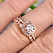 1.75 carat Round Cut Morganite Wedding Set Bridal Ring 10k Rose Gold with Art Deco Eternity Matching Band Stacking Ring Halo
