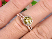 1.75 carat Round Cut Champagne Diamond Moissanite Wedding Set Bridal Ring 10k Rose Gold with Art Deco Eternity Matching Band Stacking Ring Halo