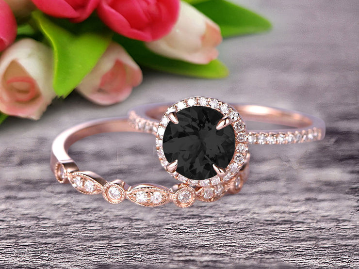 1.75 carat Round Cut Black Diamond Moissanite Wedding Set Bridal Ring 10k Rose Gold with Art Deco Eternity Matching Band Stacking Ring Halo