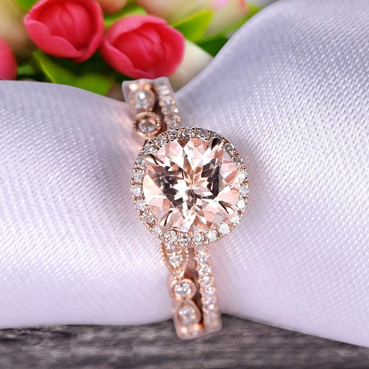 1.75 carat Round Cut Morganite Wedding Set Bridal Ring 10k Rose Gold with Art Deco Eternity Matching Band Stacking Ring Halo