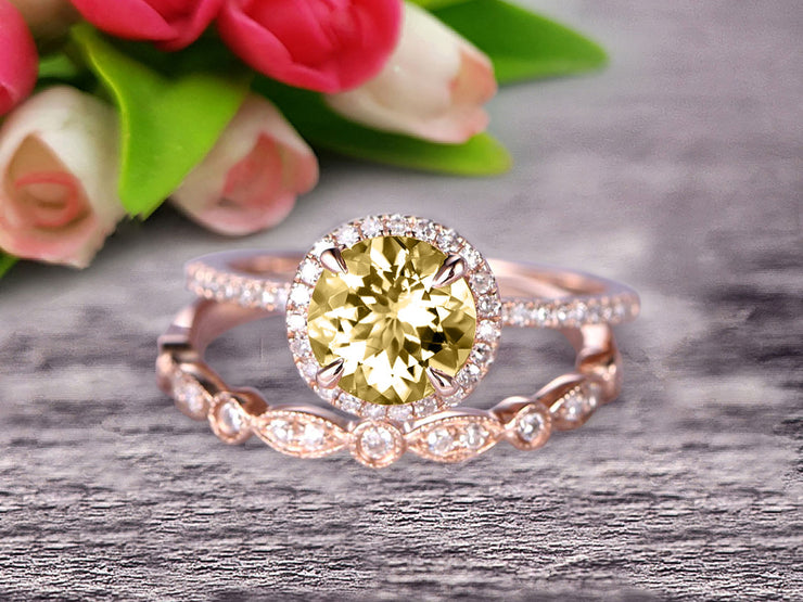 1.75 carat Round Cut Champagne Diamond Moissanite Wedding Set Bridal Ring 10k Rose Gold with Art Deco Eternity Matching Band Stacking Ring Halo