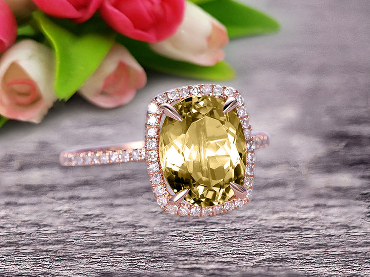 1.50 Carat Big Champagne Diamond Moissanite Engagement Ring Wedding Ring in 10k Rose Gold Halo Design Art Deco Personalized for Brides