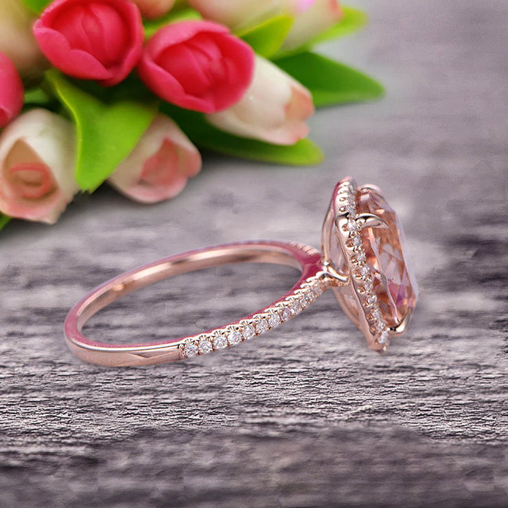 1.50 Carat Big Morganite Engagement Ring Wedding Ring in 10k Rose Gold Halo Design Art Deco Personalized for Brides
