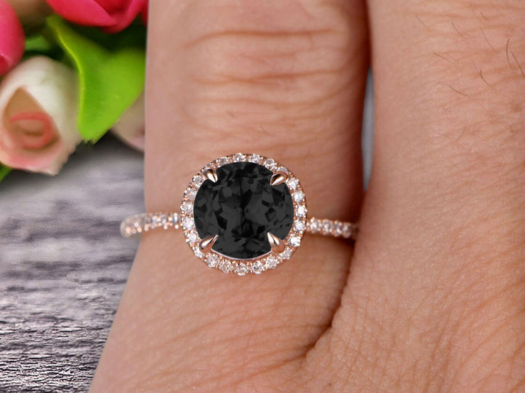 Round Cut 1.50 Carat Black Diamond Moissanite Engagement Ring Wedding Ring On 10k Rose Gold Halo Art Deco Anniversary Gift