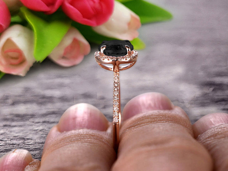 Round Cut 1.50 Carat Black Diamond Moissanite Engagement Ring Wedding Ring On 10k Rose Gold Halo Art Deco Anniversary Gift