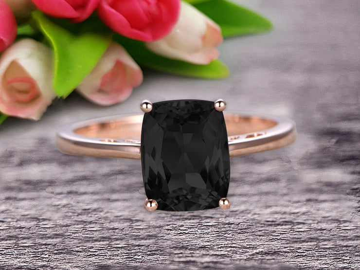 Cushion Cut 1 Carat Black Diamond Moissanite Engagement Ring Wedding Ring Promise Ring 10k Rose Gold Solitaire Anniversary Ring 